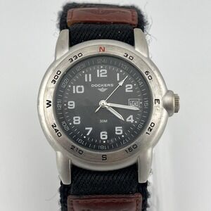 Dockers Watch Men 40mm Silver Case‎ Black Nylon Band- New Battery